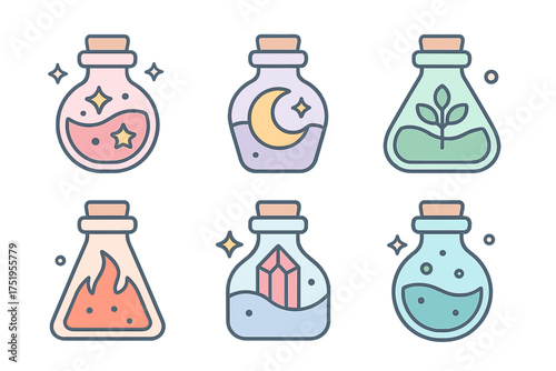 Collection of mystical elixir bottles containing stars, moon, herbs, fire, and crystals