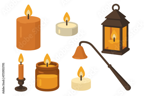 Collection of burning candles in various shapes including pillar, taper, tea light, jar, and a decorative lantern