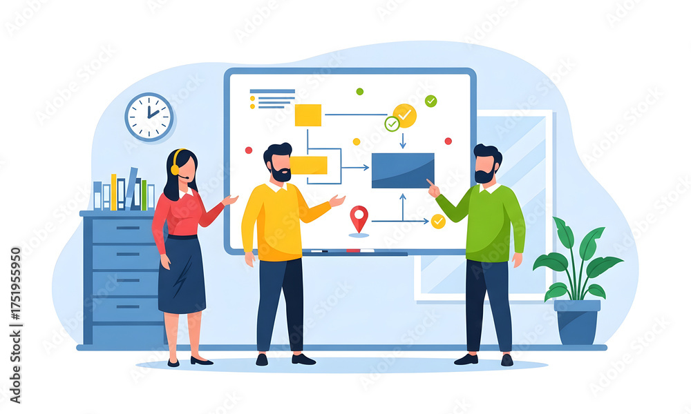 Obraz premium Team collaborating on a project roadmap, strategizing business solutions in a modern office, professional collaboration, dynamic teamwork, solution oriented