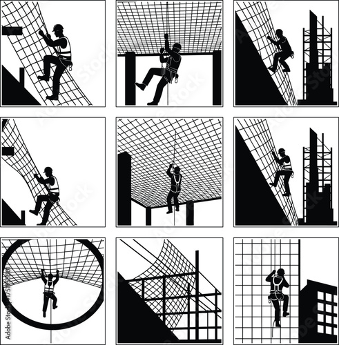 Construction worker silhouette icons, scaffolding activity illustration, steel framework climbing, high-rise building site, safety gear, black vector, industrial labor scene