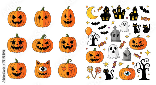 Collection of spooky halloween pumpkins jack-o'-lanterns and thematic elements for festive decorations and seasonal designs vector