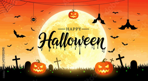 Spooky halloween night with jack o lanterns bats gravestones and full moon creates an eerie atmosphere vector