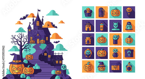 Spooky halloween haunted castle with pumpkins and bat swarm next to a collage of spooky icons for scary holiday celebrations vector