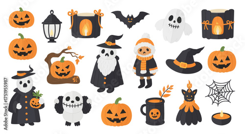 Spooky halloween elements collection featuring jack o lanterns ghosts bats witch hats and festive decorations for a haunting celebration vector