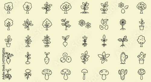 A collection of illustrated plant icons, featuring trees, flowers, sprouts, seeds, and mushrooms, perfect for nature and botanical design.