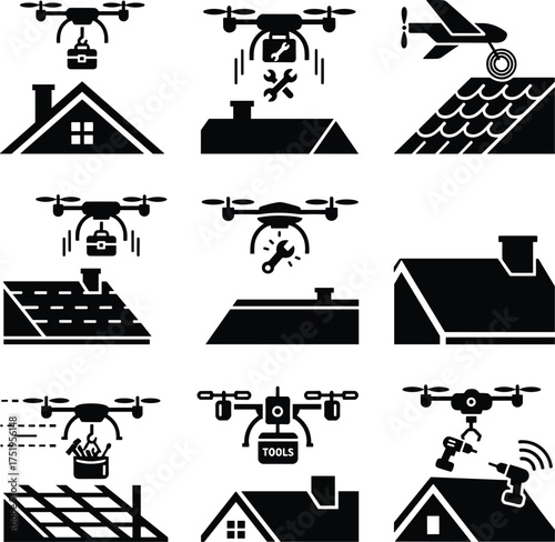 Drone roofing icons, construction support, tool delivery, satellite dish repair, aerial maintenance, gear transport, roof inspection, drone utility, home service