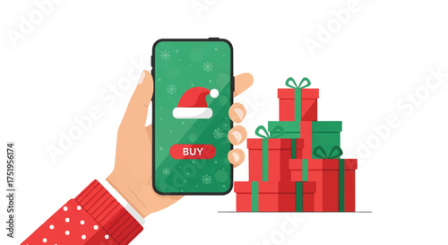 A hand in a red sweater holding a smartphone with a Christmas shopping app and gifts in the background on a white surface.