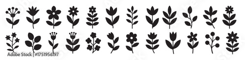 thirty black floral silhouettes botany graphics set simple