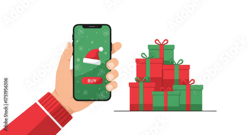 A hand holding a smartphone with a green screen and a red sleeve, ordering gifts online with a stack of wrapped presents in red and green, on a white background.