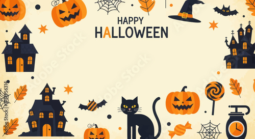 Festive happy halloween frame border with spooky haunted houses black cats and pumpkins for holiday decorations and celebrations vector