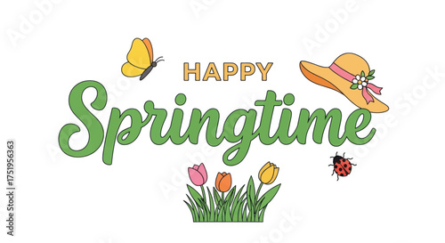 Delightful happy springtime text with butterflies flowers and a stylish hat evokes joyful season of renewal and bloom vector
