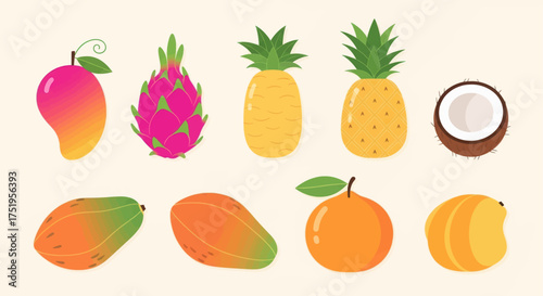 Vibrant assortment of exotic tropical fruits mango dragon fruit pineapple coconut orange papaya on a light background healthy food photography vector