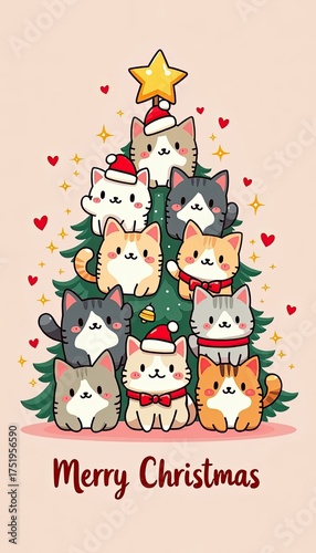 Cute cartoon christmas tree made of adorable kittens wearing santa hats and festive decorations, with the text merry christmas at the bottom, perfect for holiday greetings and designs