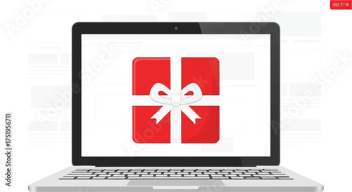 A silver laptop with a black border displays a red gift box on its screen against a clean white background.