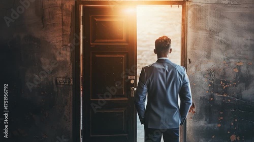 A person waiting or entering a room with an open door