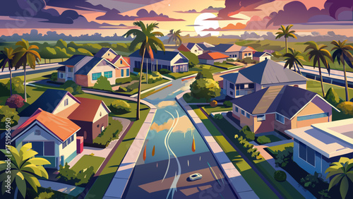 
Very beautiful aerial view of suburban neighborhood in Florida after tropical storm rainfall, showing calm flooded streets reflecting clouds and sunlight peacefully.