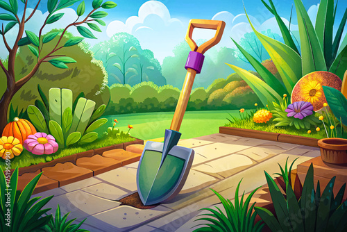 Garden spade stuck in soil symbol of planting and farming, ideal tool for outdoor landscape work