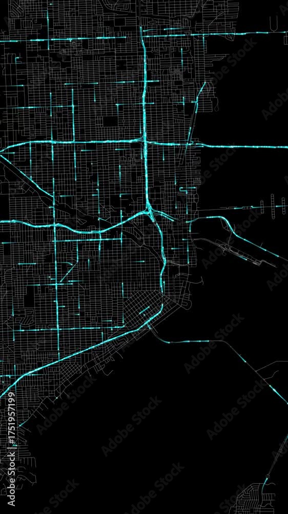 Traffic Flow Simulation Map Urban Traffic Flow Map Simulation in Miami, Florida, GPS Smart city ...