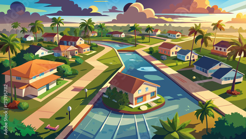 
Very beautiful aerial view of suburban neighborhood in Florida after tropical storm rainfall, showing calm flooded streets reflecting clouds and sunlight peacefully.