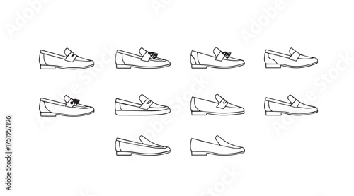 Collection of diverse footwear styles side views line art fashion shoes vector