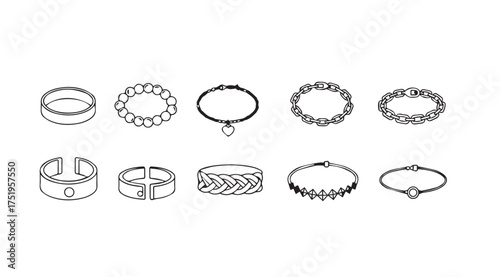 Collection of ten delicate hand-drawn jewelry bracelets and rings artistic line art vector