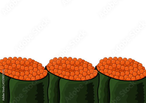 Three gunkan sushi with red caviar. Japanese cuisine background design. Food poster or restaurant menu decoration.