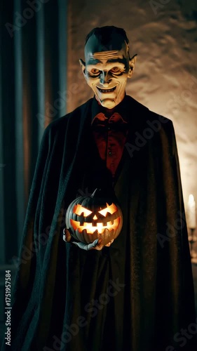 A person in a creepy mask and cloak holds a carved pumpkin, perfect for Halloween celebrations