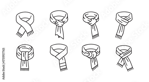 Collection of eight hand drawn scarf styles various knotting techniques fashion accessories collection vector