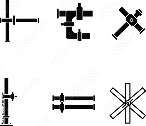 Mechanical pipe fittings, plumbing connectors, industrial joints, piping system components, engineering design, technical illustration, clamp fitting, cross joint, star configuration