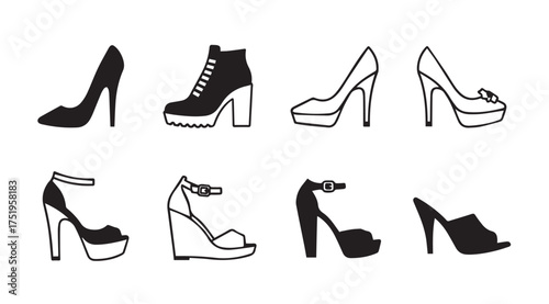 Collection of black high heel shoes and boots diverse styles fashion footwear collection vector