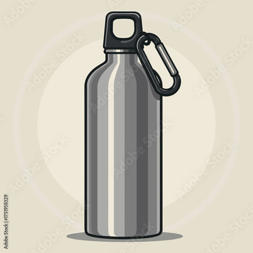 Illustration water bottle in stainless steel with dark handle, perfect for fitness enthusiasts. Water bottle keeps water cold, great for outdoor workout and gym, secured by carabiner.