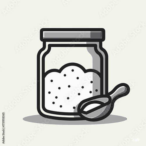 Illustration shows sugar jar with spoon, sugar jar containing granulated sugar, and shadow. Glass sugar jar stands with metal spoon for scooping, representing a simple kitchen element.