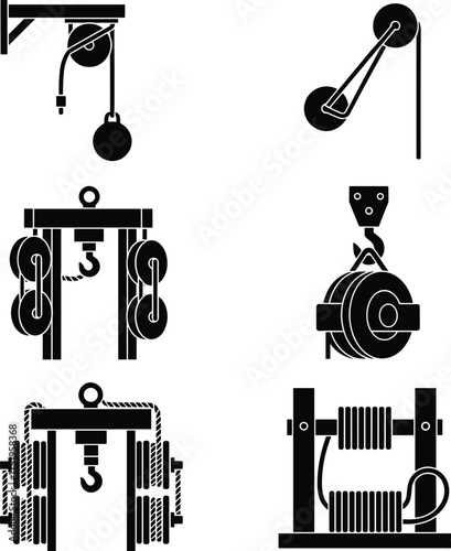 Pulley system illustrations, mechanical lifting tools, compound pulley diagrams, winch mechanism, rope and drum setup, physics concept, engineering advantage, hoist design