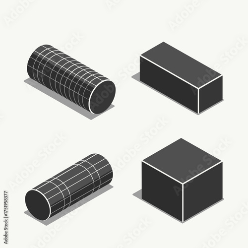 Isometric shapes in black and white showcase fundamental geometric forms. These isometric shapes include cubes, cylinders, and rectangular prisms,