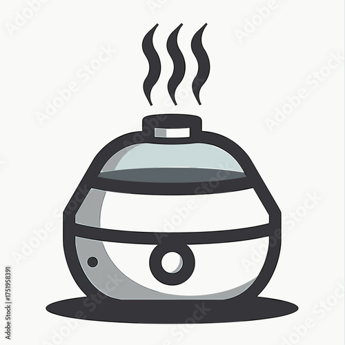 Illustration of humidifier steaming showing rising mist from modern humidifier, adding moisture. Sleek white humidifier helps to moisten dry air, giving relief and comfort in home or workplace.