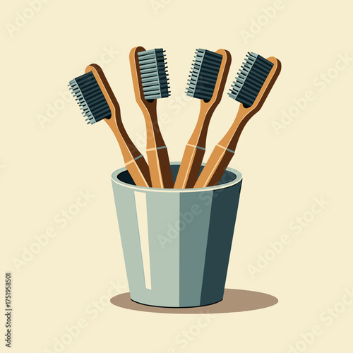 Dental care products, including four toothbrushes in holder, emphasize oral hygiene for healthy teeth. Dental care concept includes daily brushing routine for fresh breath and healthy gums.