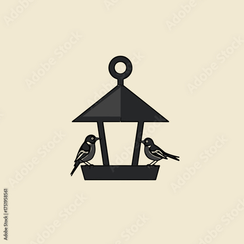 Bird feeder illustration with two small birds perched. Simple and elegant bird feeder illustration for avian lovers, showing nature's charm in minimalist fashion with birds perching on its edge.