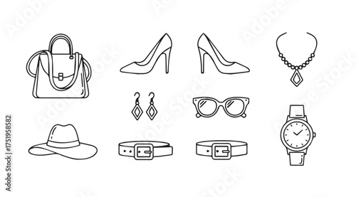 Fashion accessories collection sketch style handbag shoes necklace earrings glasses belt hat watch vector