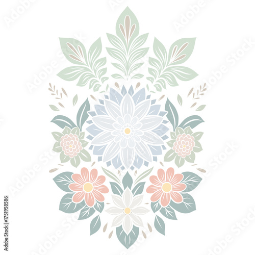 Elegant floral vector illustration with pastel flowers and leaves arranged in a symmetrical folk art style. Delicate colors and clean lines.