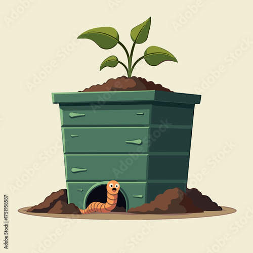 Compost bin filled with rich soil and vibrant sprout illustrates recycling. This compost bin visually demonstrates decomposition and environmental awareness,