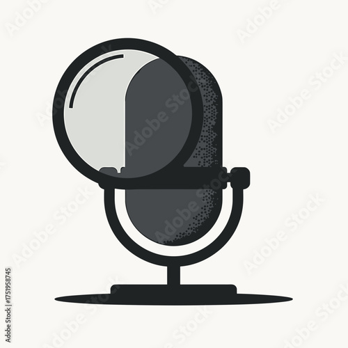 Microphone analysis is presented with classic recording instrument and magnifying glass for review. Microphone shows detail, its components examined with lens and presented for inspection.