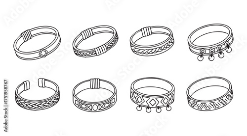 Collection of eight hand-drawn style bracelets featuring intricate patterns and decorative elements vector