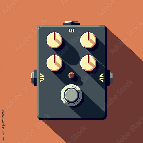 Guitar effects pedal with four knobs and footswitch for audio modification. Guitar effects pedal setup includes shadow, button and jack input on orange background.