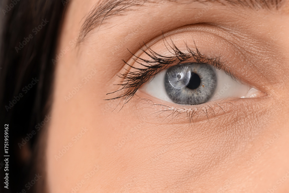 Obraz premium Young woman with long eyelashes and blue eyes on black background, closeup