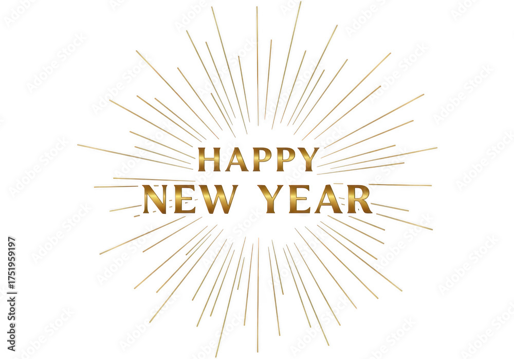 Fototapeta premium Golden happy new year text with radiating fireworks isolated on transparent background