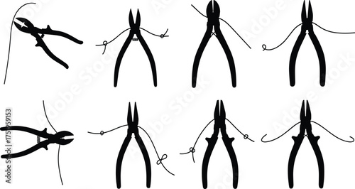Set of eight plier and wire manipulation silhouettes showing different bending techniques for crafting, jewelry making, and electrical work