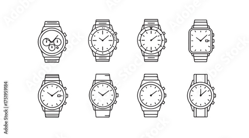 Collection of eight classic wristwatches displayed side by side on a vector