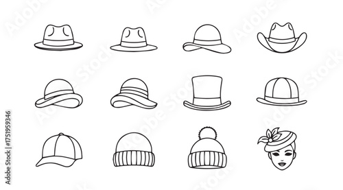 Collection of hand-drawn hats and headwear accessories for fashion and style vector