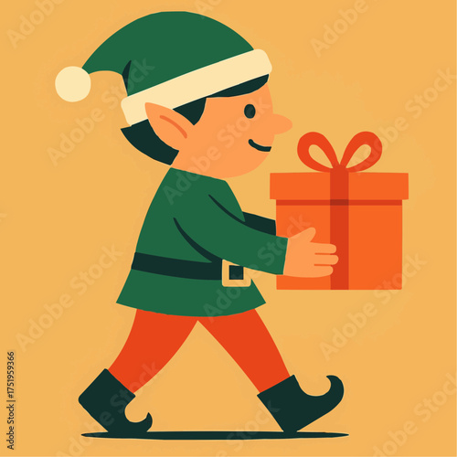 Joyful elf carrying bright gift box, spreading holiday cheer and festive spirit