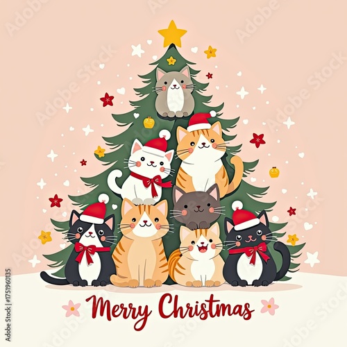 Cute christmas tree decorated with adorable cats wearing santa hats, surrounded by snowflakes and stars, with merry christmas text below